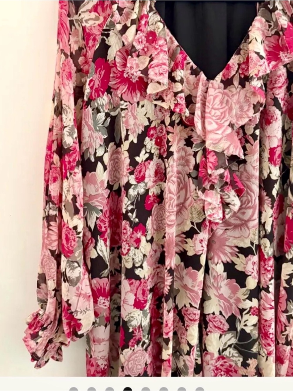 House of Harlow 1960 Black Floral Ruffle Blouse with Pink and Cream Flowers